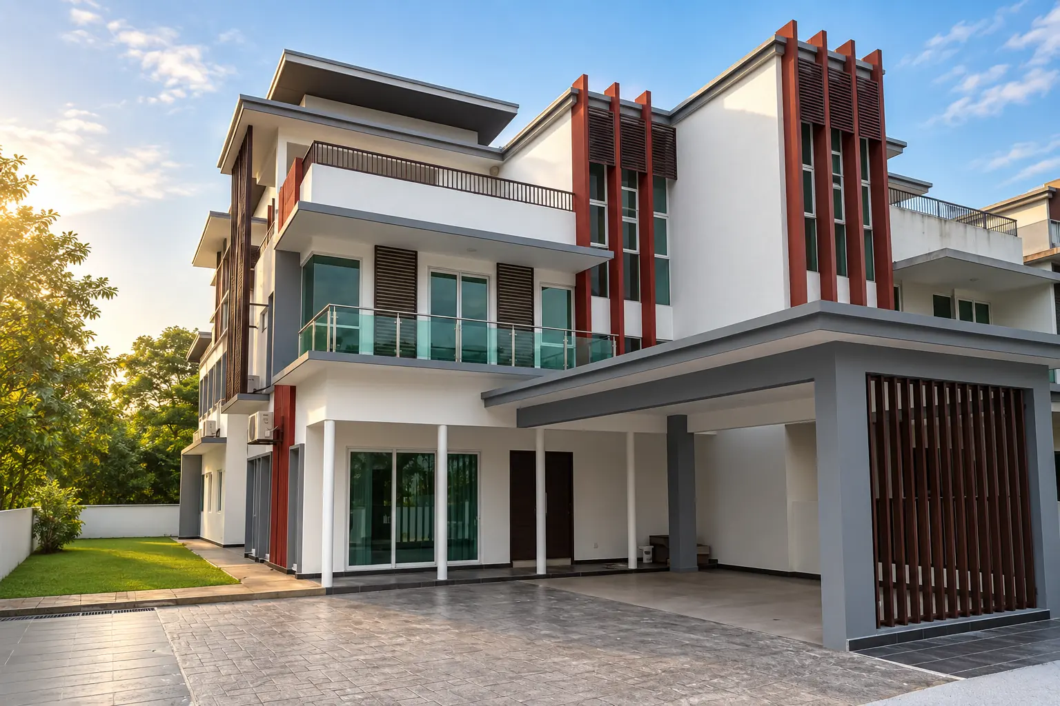 Garden Villas exterior in morning light: white walls and terracotta vertical fins