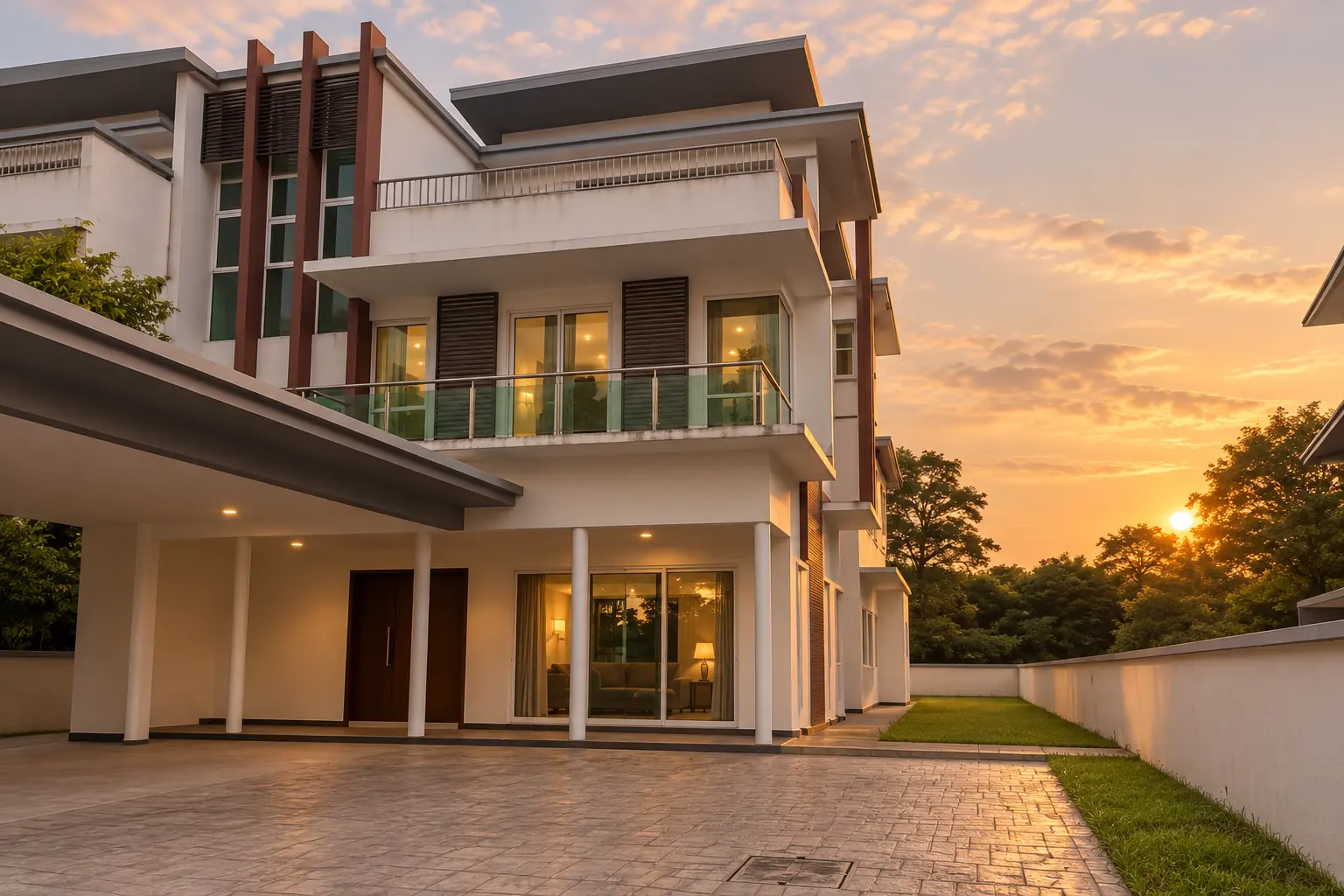 Garden Villas exterior at sunset with the living room lights on