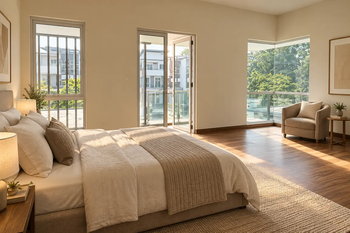 Upstairs bedroom with timber floor, balcony door and corner glazing in morning light