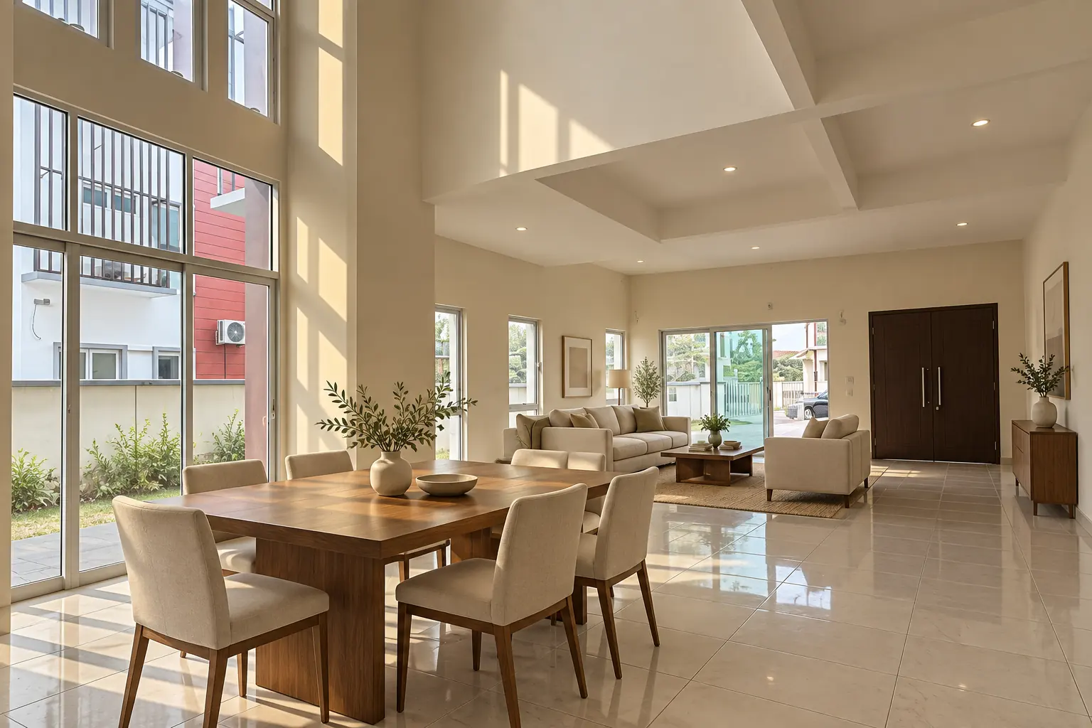Double-height dining room with a full-height window wall, the living room and front door beyond