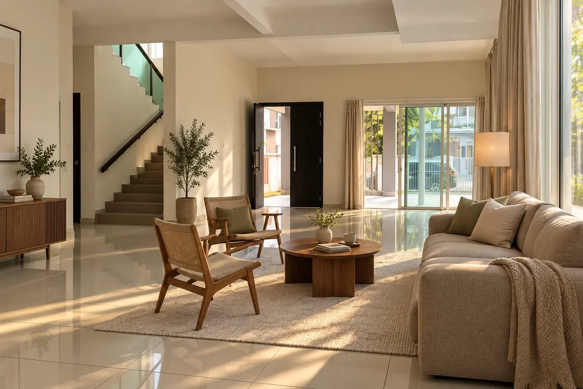 Ground-floor living room with the staircase on the left and afternoon sun on the floor tiles