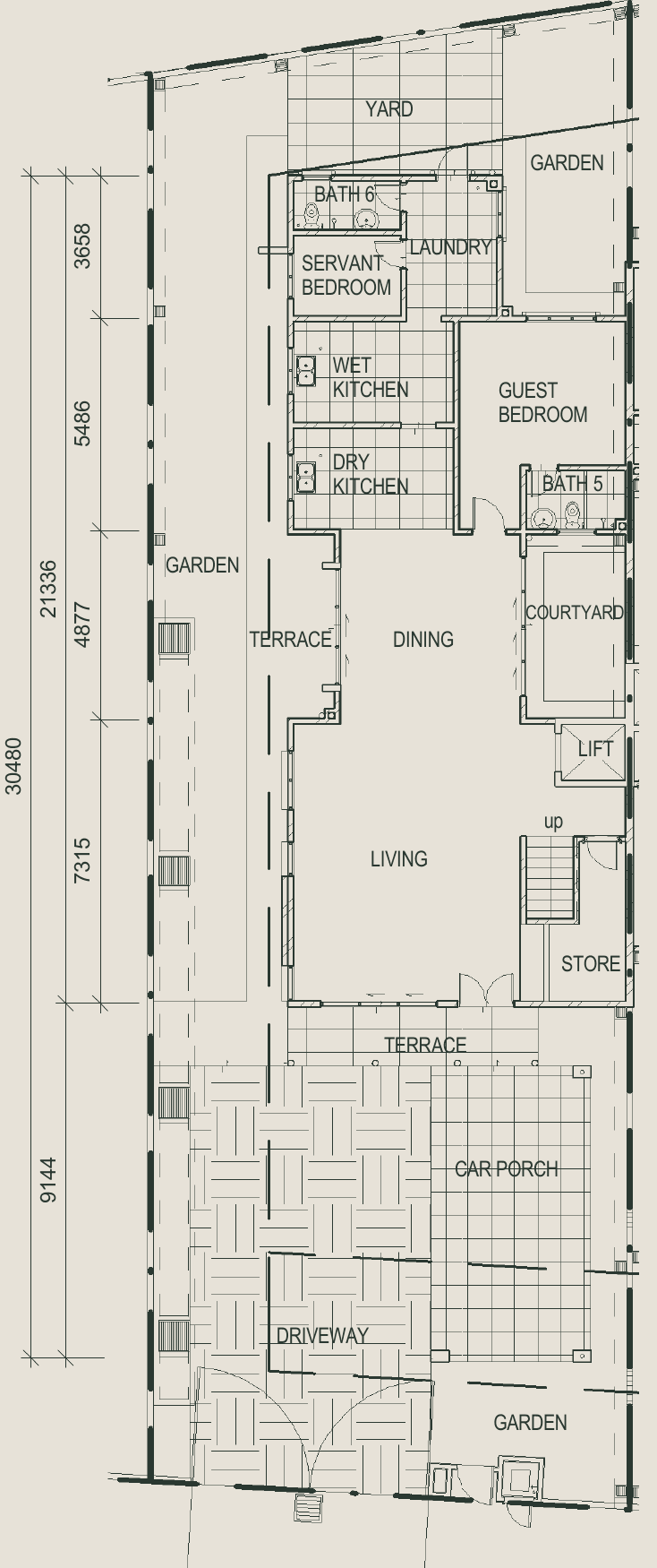 Type A ground floor plan: car porch, living and dining rooms, courtyard, lift, dry and wet kitchens, guest bedroom, helper's room and laundry