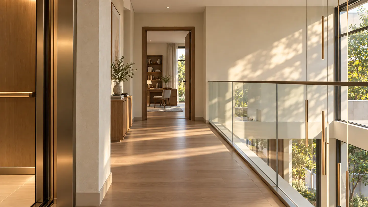 First floor: the corridor out of the lift, with the study at the end and the glass balustrade over the void