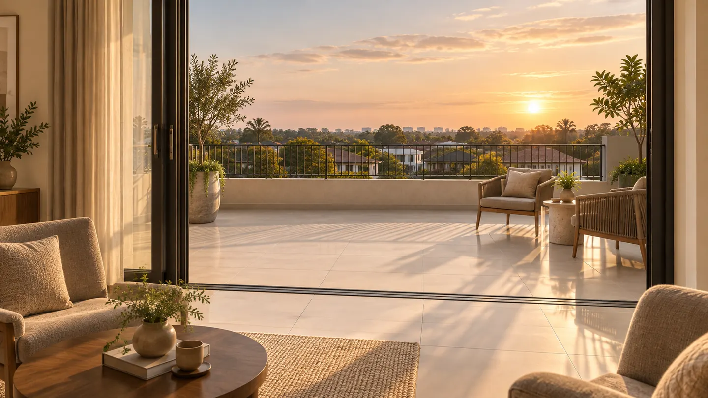Second floor: the family lounge opens onto the roof terrace at sunset